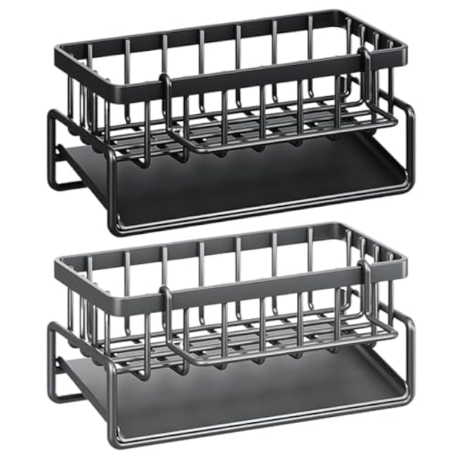 Gcroet Kitchen Sink Organiser Stainless Steel Sink Caddy with Removable Dishcloth Rack and 45¡ã Inclined Water Drip Tray Large Capacity Tidy Organiser for Bathroom Kitchen Accessories Black