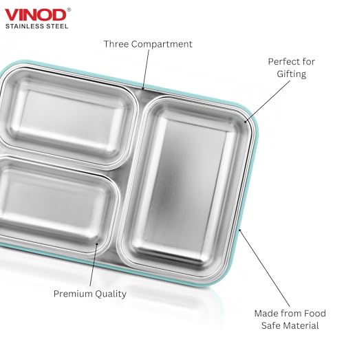 Image of Vinod GO-Tiffin Stainless Steel 3 Compartment Insulated Lunch Box | Blue | Leaf-Proof, Vacuum Sealed & Air Tight | Tiffin Box for Office, Kids & Adults | Freezer Safe | with Safety Lock