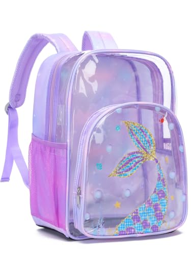 BLUEFAIRY Clear Mermaid Backpack for Girls School Book Bag Stadium Approved Large PVC See Through Bag Heavy Duty Bookbag Transparent Plastic Bag 17
