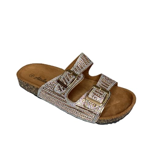 Atalina Women's Rhinestone Double Buckle Cork Footbed Sandals (Rose Gold, US Footwear Size System, Adult, Women, Numeric, Medium, 9)
