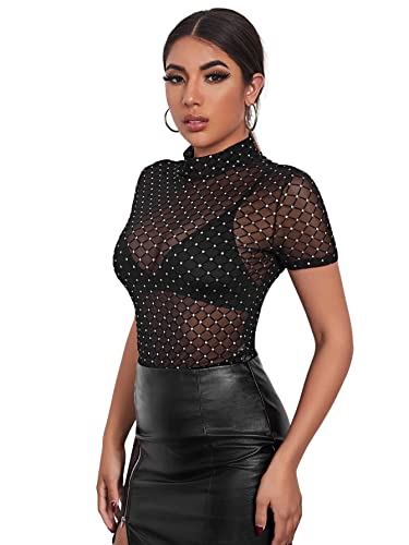 GORGLITTER Mesh Top Damen Glitzer Shirt Mit Strass Netzstoff Oberteil...