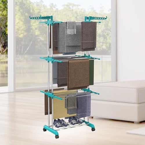 Image of LOT Ley Stainless Steel Clothes Drying Stand Foldable, Double Rack Cloth Dryer Stand, Heavy Duty Laundry Drying Rack, Rust Proof Steel Stand for Clothes, Indoor & Outdoor, 120 x 54 x 94 cm (skygreen)
