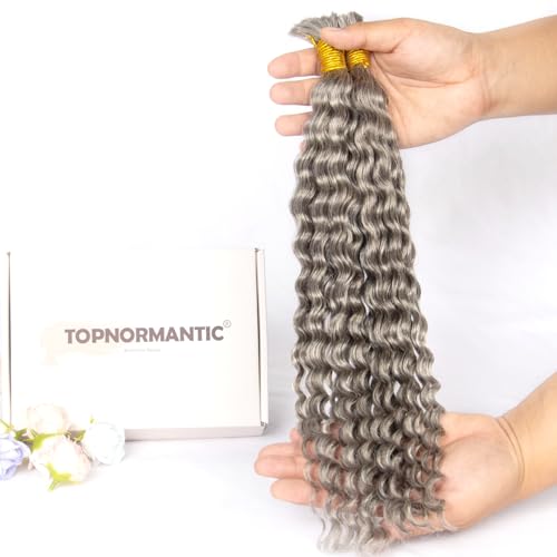 Topnormantic Human Braiding Hair for Boho Braids, Deep Curly Bulk Salt and Pepper Human Hair 100g 2 Bundles/Pack Brazilian Virgin Hair No Weft Wet and Wavy Gray Hair Extensions for Black Women 16 Inch