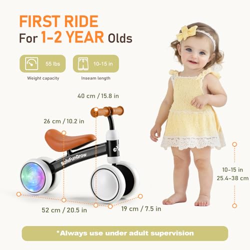 Image of Colorful Lighting Baby Balance Bike Toys for 1 Year Old Boys Gifts, Balance Bike 1 Year Old No Pedal, 12-24 Months Toddler Ride on Toys with 4 Silent Wheels & Soft Seat, 1st Birthday Gifts, Black