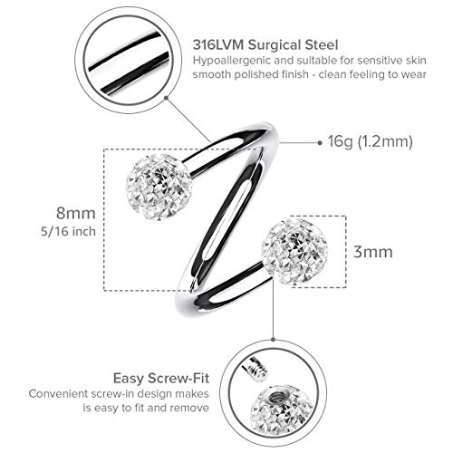 2Pc Twisted Barbell Earring Surgical Steel - Twist Helix Earrings 16 Gauge - Spiral Belly Button Rings - 3Mm Crystal Lip Ring Body Jewelry 5/16 8Mm - Sapphire #TOP2