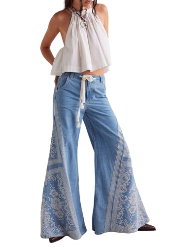 loveimgs Women Retro Y2k Bell Bottom Jeans Embroidered Flare Jeans Cowgirl Baggy Floral Wide Leg High Rise Denim Pants Pocket