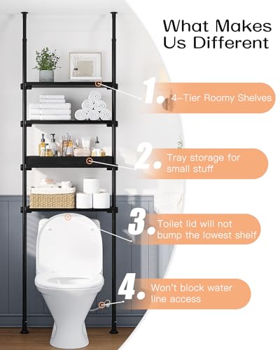 Image of ALLZONE 4-Tier Over The Toilet Storage Shelf, Wood Bathroom Organizer Over Toilet Cabinet with Adjustable Shelf, Versatile Rack Fits Most Tight Space, Easy Assembly, 92 inch to 116 inch Height, Black