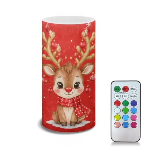 Image of Poceacles Christmas Flameless Candle Electric LED Lights with Timer Remote Color Lights Tealight for Home Indoor Christmas Party Decor, Cartoon Reindeer Red