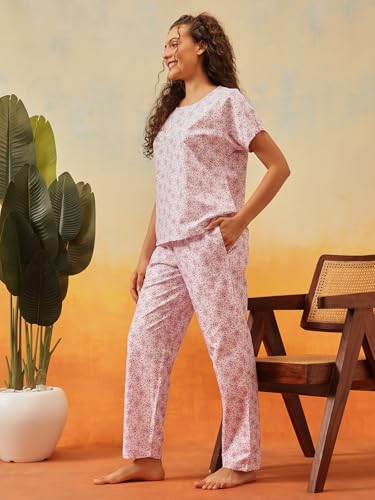 Image of Clovia Women's Floral Print T-Shirt & Pyjama Korean Night Suit for Girls | Rayon Korean Night Dress Set | Comfortable Multicolor Sleepwear