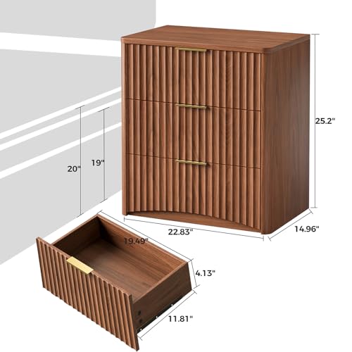 Image of Evermagin Fluted Nightstand Set of 2, Walnut Bedside Table with 3 Drawers, Wood End Table with Storage Mid Century Modern, Large Night Stand for Bedroom
