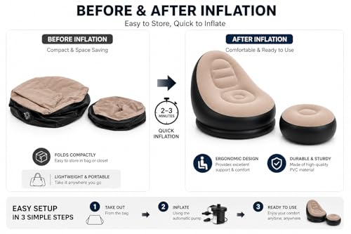 Image of Inflatable Air Sofa Chair with Ottoman & Automatic Electric Pump, Portable Flocked Blow Up Lounge Chair for Living Room, Bedroom, Camping & Outdoor Use (Beige)