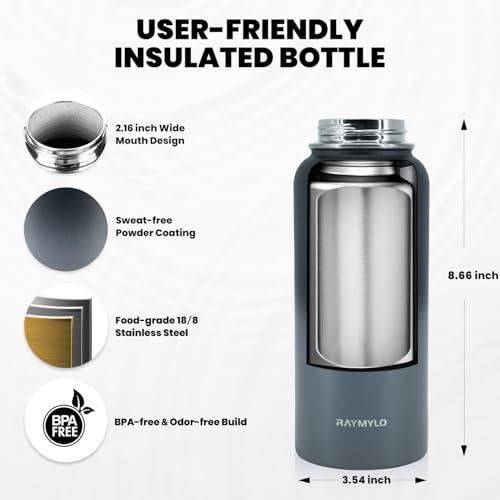 Image of RAYMYLO Insulated Water Bottle 32 oz, Triple Wall Vacuum Stainless Steel (Cold for 24Hrs, Hot for 12Hrs), Leak Proof & Non-BPA, Modern Water Flask Jug with Paracord Handle & Straw Spout Lids
