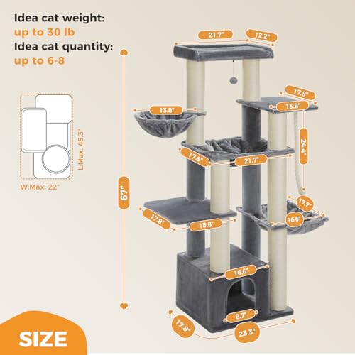 Image of MUTTROS Large Cat Tree for Maine Coon - 67 inch Tall Cat Tower with 7 Thick (φ4.3) Scratching Posts, XXL Cat Condo with Super Large Perch & Cozy Hammocks, Engineered for Big Cats (20+ lbs) - Gray
