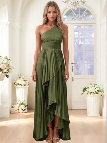 One Shoulder Bridesmaid Dress for Women Pleated Satin A Line Ruched Long Formal Party Dresses with Slit4