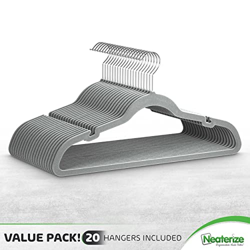 Image of NEATERIZE Velvet Hangers 20 Pack Grey A- Heavy Duty Velvet Clothes Hangers - Non Slip Felt Coat And Suit Hangers For Closet - Lightweight Thin Space Saving Ganchos Para Colgar Ropa