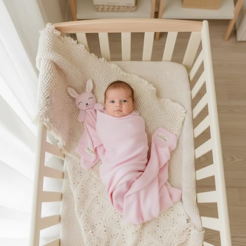 Image of Baby Gift Set - Organic Cotton Newborn Blanket and Lovey Security Blanket Set, Gifts for Baby Girl, Mother to be Gifts, (Lovey - Bunny - Pink)