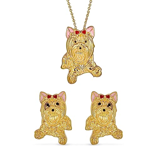 Joyería de perro Yorkshire con pendientes y collar de oro de 14k para mujer