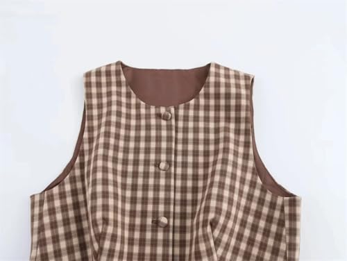 Women's Office Plaid Suit Single Breasted Sleeveless Blazer Zipper Straight Shorts4