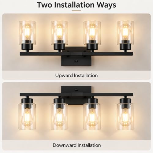 IZORRO Bathroom Light Fixtures, Modern Vanity Lights, Bathroom Lighting Fixtures Over Mirror with Clear Glass Shade, Wall Sconce for Living Room Cabinet Bedroom (Matte Black, 4-Light) - Image 3