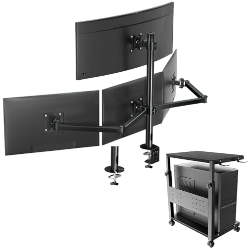 Soporte para Quad Monitor de 17-32 pulgadas - Brazo Ajustable para 4 Monitores de Acero Resistente y Soporte para CPU con 2 Niveles y 4 Ruedas