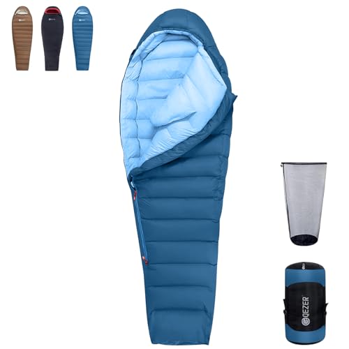 QEZER Winter Sleeping Bag for Adults, Lightweight Down Sleeping Bag -20 Degree C for Cold Weather Camping and Mountaineering Outdoor with 650 FP Duck Down (Blue, 1000g down)