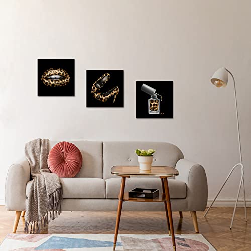 Tiuauit 3 Pieces Fashion Wall Art Leopard Print Lip High Heels Wall Pictures Modern Black Gold Painting Artwork For Bathroom Salon Decoration 12"X12"X3Pcs #TOP3