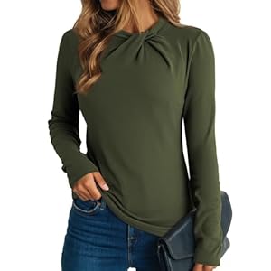 Dokotoo Womens Tops Business Casual Outfits Long Sleeve Shirts Mock Neck Twist Knot Slim Fit Soft Stretch Tees Blouses