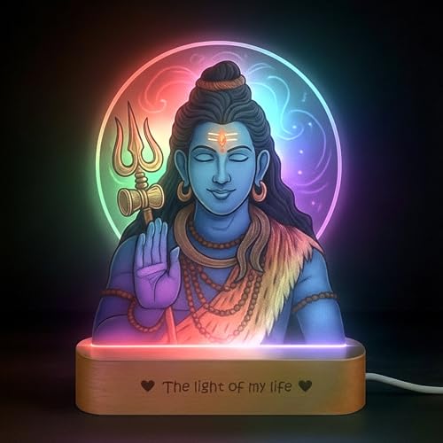 Image of ZOCI VOCI Lord Shiva LED Lamp with Wooden Base - Shiv Ji Night Light for Pooja Room, Mahadev Photo Frame Lamp for Home Temple Decor, Bedside Table Lamp (RGB Smooth - (No Remote))