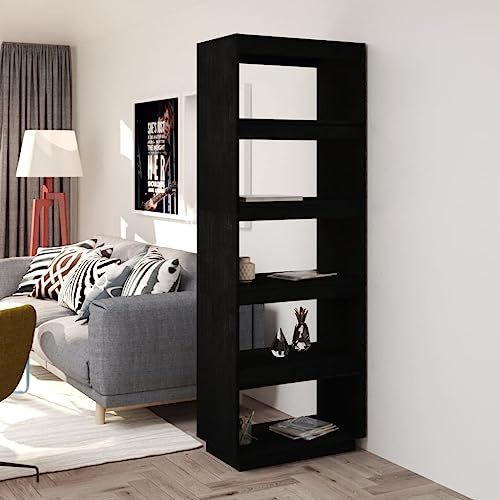 QZZCED Estantería decorativa para salón, librería, oficina, librería/separador de ambientes, color negro, 60 x 35 x 167 cm, madera maciza de pino para estudio, dormitorio, sala de estar