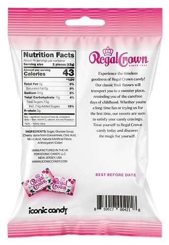 Regal Crown Sour Cherry Candy | Traditional Sour Cherries Candy | Tart and Tangy Old Fashioned Sour Cherry Hard Candy Brought To You By Iconic Candy | 6.25oz Peg Bag (1)