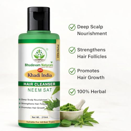 Image of Bhudevam Natural Khadi Neem Sat Shampoo Nourishing Herbal Blend for Strong & Shiny Hair | Neem sat shampoo Hair Fall Control & Anti Dandruff | Soothe Scalp & Reduce Dandruff - Organic Herbal Formula | Suitable for All Hair Types- Pack of 2