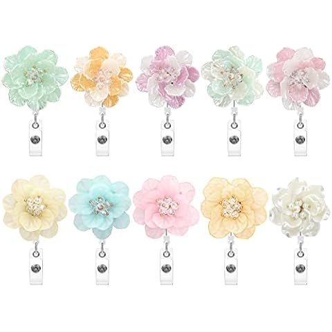 Soleebee 24'' Retractable Badge Reel, Nurse ID Badge Holder with 360° Swivel Alligator Clip, Flower Badge Reel Clip (Pack of 10) Cover