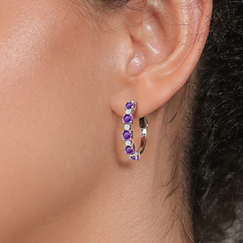 Gem Stone King 925 Sterling Silver Purple Amethyst And White Zirconia Hoop Earrings For Women (2.74 Cttw, Round 4Mm And 1.9Mm, Gemstone Birthstone 1 Inch Diameter) #TOP2