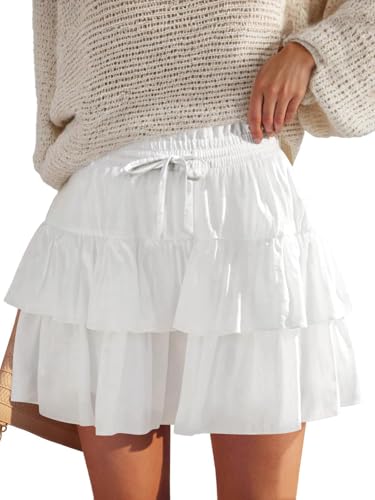 JEKAOYI Flowy Shorts for Women Ruffled Tiered Pleated Mini Skirts Boho High Waist Comfy Tennis Golf Skorts White