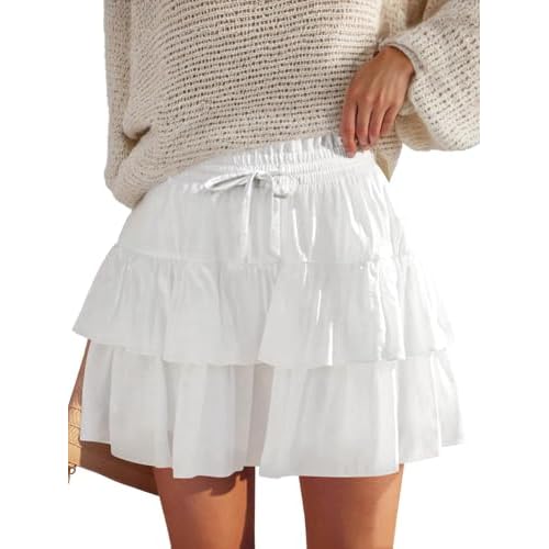 Shorts for Women Ruffled Tiered Pleated Mini Skirts Boho High Waist Flowy Comfy Tennis Golf Skorts White Large