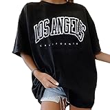 Onsoyours Vintage Oberteile Damen Oversized Tshirt Lustig Streetwear Sonne Mond Motiv Sportshirt Kurzarm Sport Oberteile Sweatshirt Rundhals Teenager Mädchen Top Lang G Schwarz S
