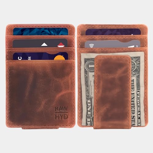 RAW HYD Men's Full-Grain Leather Slim Wallet with Money Clip - RFID Blocking, 5 Card Sleeves, Holds 15 Bills, Compact & Durable - Hunter Brown4