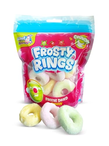 Frosty Rings Freeze Dried Candy - 50g Tüte - Gefriergetrocknete Fruchtgummi-Ringe knusprig - Erdbeere Apfel & Pfirsich - einzigartige Textur