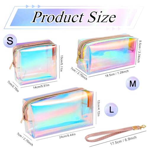 Dunzy 8 Pcs Holographic Iridescent Clear Makeup Bags with Zipper Travel Cosmetic Pouches with Wrist Loop Waterproof Toiletry Organizer Case Home Office Beach Pouch Purse Diaper Vacation Gift Bag(S)2