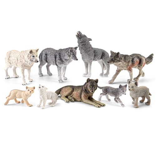 THINKBAY 9PCS Wolf Toys Animal Figurines, Realistic Plastic Zoo Safari Animal Toys for Kids 3 4 5 6 7, Forest Wolf Animals Figures, Educational Toy Cake Toppers Birthday Gift for Kids Boys Girls