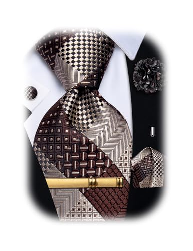 Image of Striped Plaid Ties for Men Silk Formal Necktie Set | 3.15 inch(8cm) Woven Jacquard Mens Ties with Necktie Pocket Square Cufflink Tie Clip Lapel Pin for Wedding Business Party