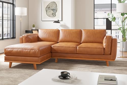 Image of Valencia Artisan Full Leather Sofa - Pure Full Italian Nappa Leather Couch, Solid Wood Accent, Ultimate Comfort (Cognac, Left Chaise Sectional)