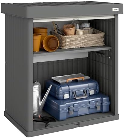 Outsunny 82 Gallon Outdoor Storage Cabinet, Plastic Storage Shed with Roll up Door and Removable Shelf, UV Resistant Garden Storage Container for Patio, Porch, Grey