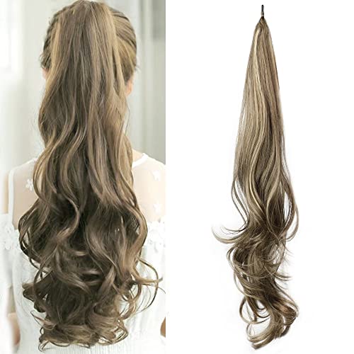Belle Show Flexible Wrap Around PonyTail 32inch Length Synthetic Ponytail Extensions Blonde ponytail Hairpieces For Women Daily Use(P8/25)