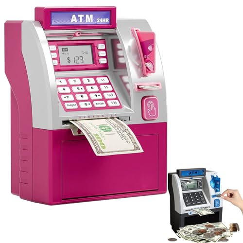 Tenkaybox Smart ATM Piggy Bank, Intelligente ATM Spardose, Elektronische Digitale Spardose mit Passwort, Debitkarte, Geldscheinzuführung, Münzerkennung, Saldenrechner Geschenk für Kinder (Rosa)