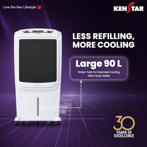 Image of Kenstar Helios HC 90 Desert Air Cooler 90L|5 Star BEE Rated|5 Year Motor & Pump Warranty |50 ft Air Throw I Honeycomb Cooling|3-Speed | Water Level Indicator | Collapsible Louvers I Off White & Black