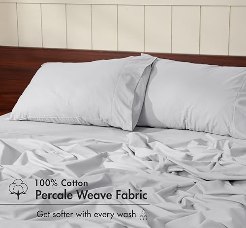 Image of RUVANTI 100% Cotton Percale Sheets Twin XL - Crisp Cooling Summer Bed Sheets for Hot Sleepers, Deep Pocket 14 inch, Soft Peach Finish, Breathable & Durable Hotel-Style 3 Piece Set, Light Grey
