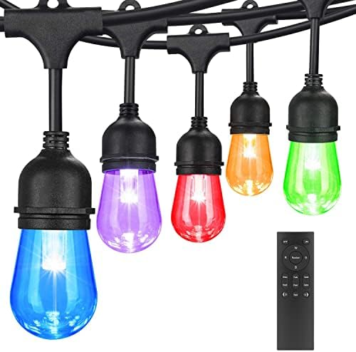 DGO 48FT Color Changing Outdoor String Lights, RGB Cafe LED String Light with 15+1 E26 Shatterproof Edison Bulb Dimmable Commercial Light String for Patio Backyard Christmas Holiday Party, Remote