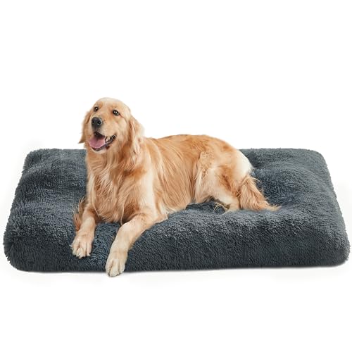 Feandrea Hundebett, Hundekissen, Flauschige Hundematte, Langer Plüsch, 122 x 74 cm, weiche Polsterung, waschbar, multifunktional, dunkelgrau PGW204G02