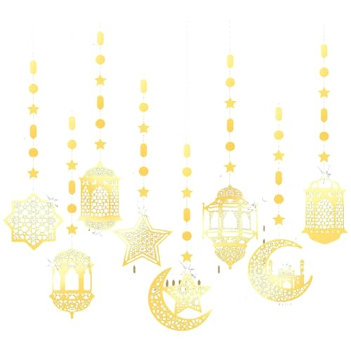 Image of Wall plaques 8 Piece Moon Star Hanging Shiny Paper Banners For Home Party Wall Ceiling Balcony Outdoor Festival (Gold, 25X20cm)